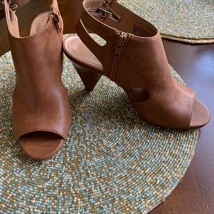 Style and Co shoes with block wedge heel; side zipper with peekaboo toe